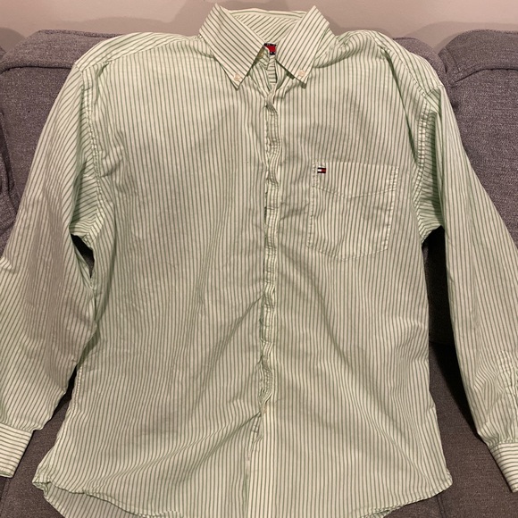 Vintage Tommy Hilfiger Mens Button Down Shirt Green White Stripe Size L Preowned - Picture 1 of 3